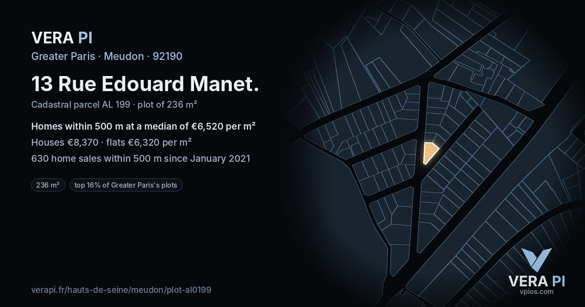 13 Rue Edouard Manet, Meudon at night – the plot lit, the parcels around coloured by the prices near them