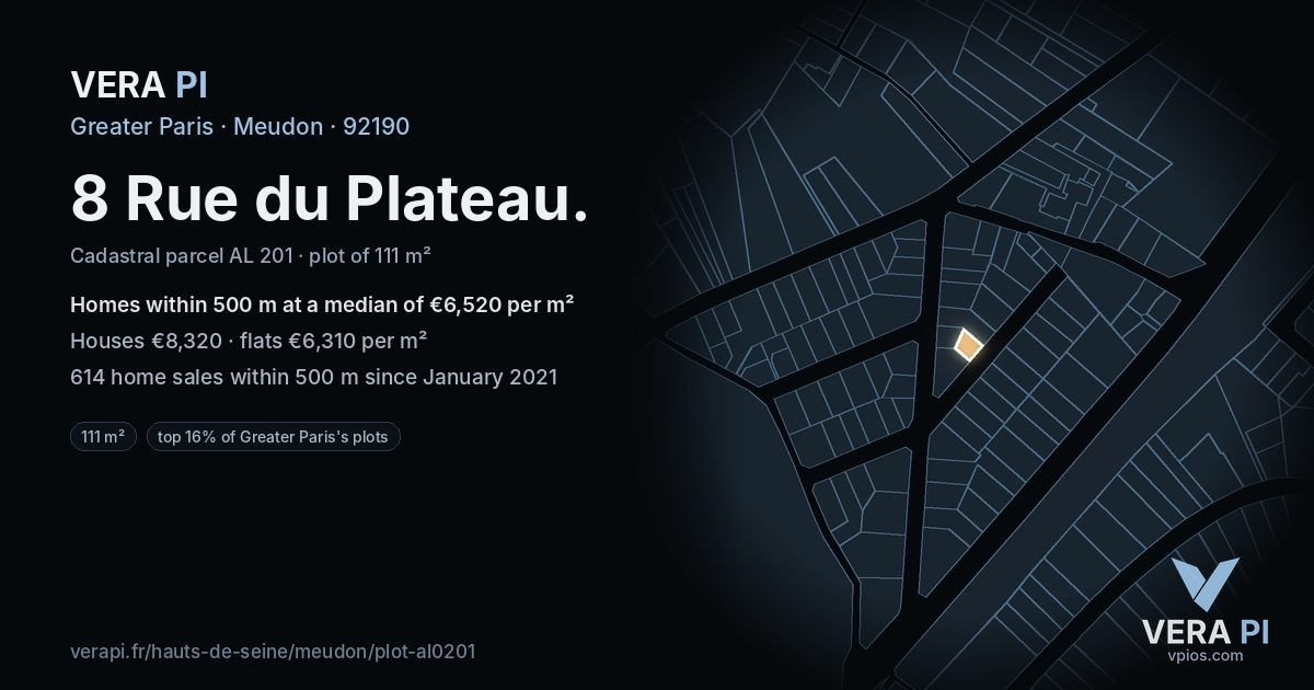 8 Rue du Plateau, Meudon at night – the plot lit, the parcels around coloured by the prices near them