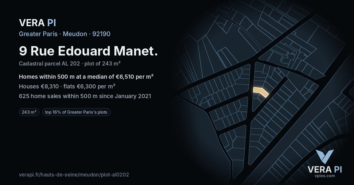 9 Rue Edouard Manet, Meudon at night – the plot lit, the parcels around coloured by the prices near them