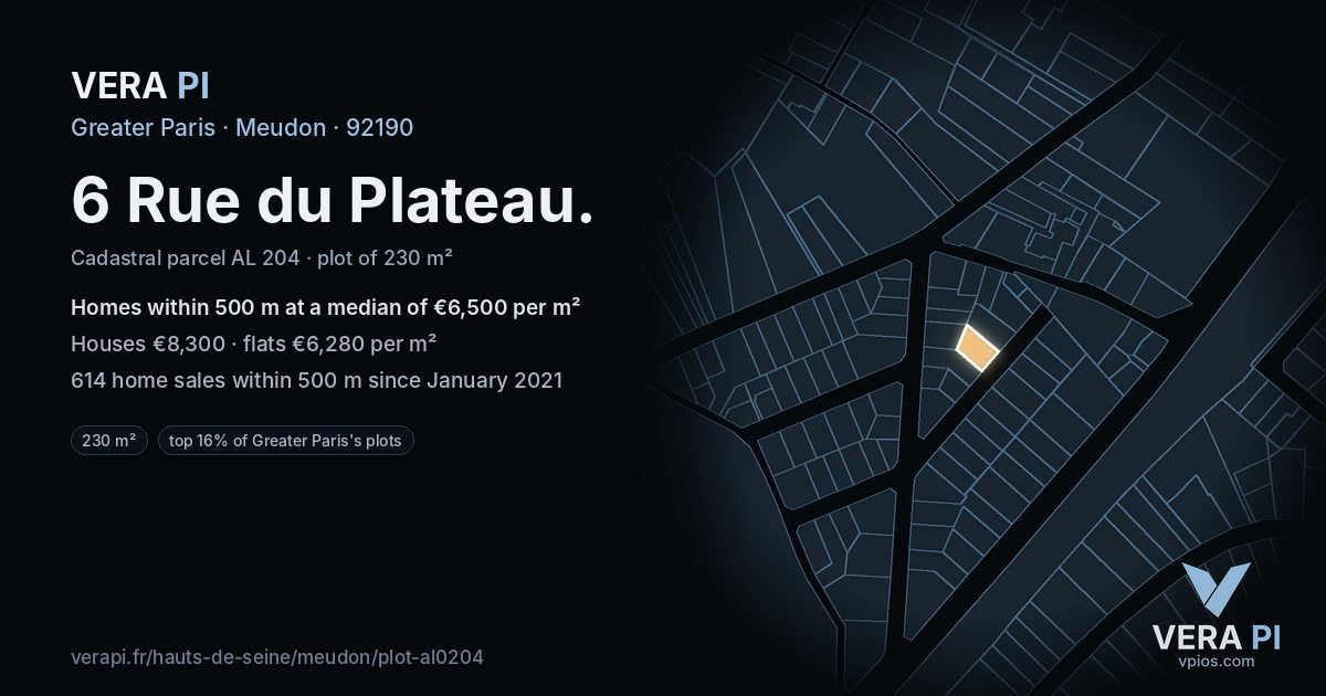 6 Rue du Plateau, Meudon at night – the plot lit, the parcels around coloured by the prices near them