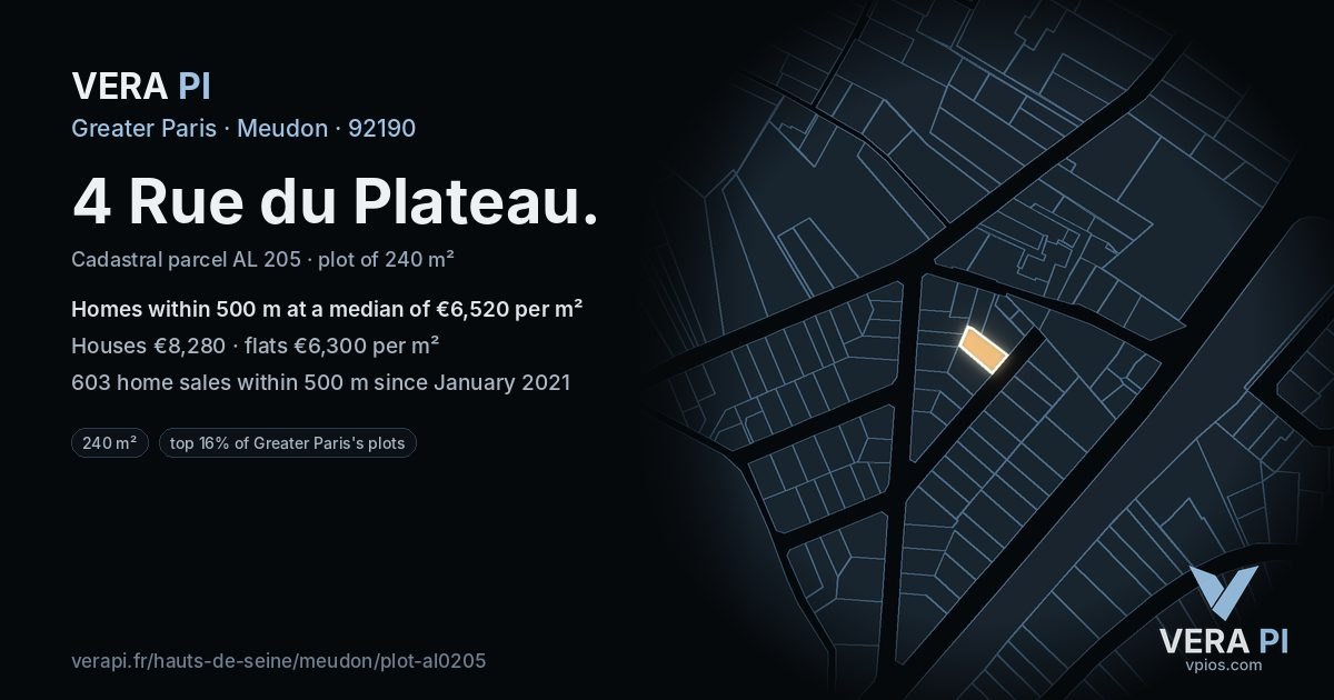 4 Rue du Plateau, Meudon at night – the plot lit, the parcels around coloured by the prices near them
