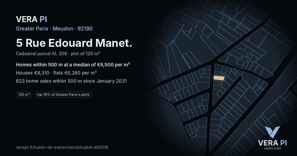 5 Rue Edouard Manet, Meudon at night – the plot lit, the parcels around coloured by the prices near them