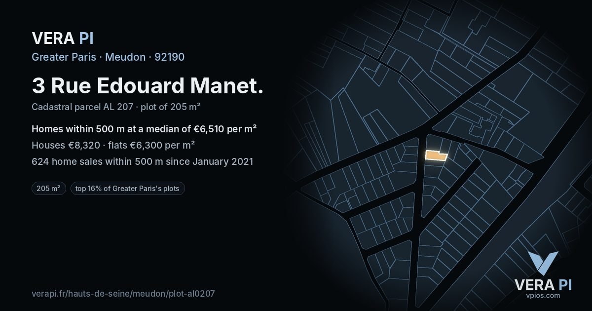 3 Rue Edouard Manet, Meudon at night – the plot lit, the parcels around coloured by the prices near them