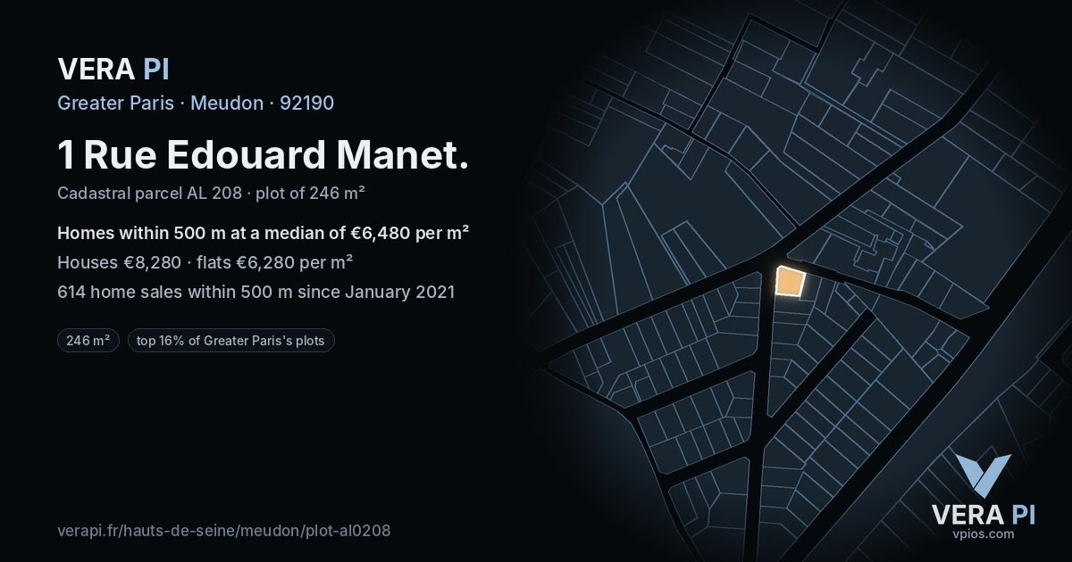 1 Rue Edouard Manet, Meudon at night – the plot lit, the parcels around coloured by the prices near them