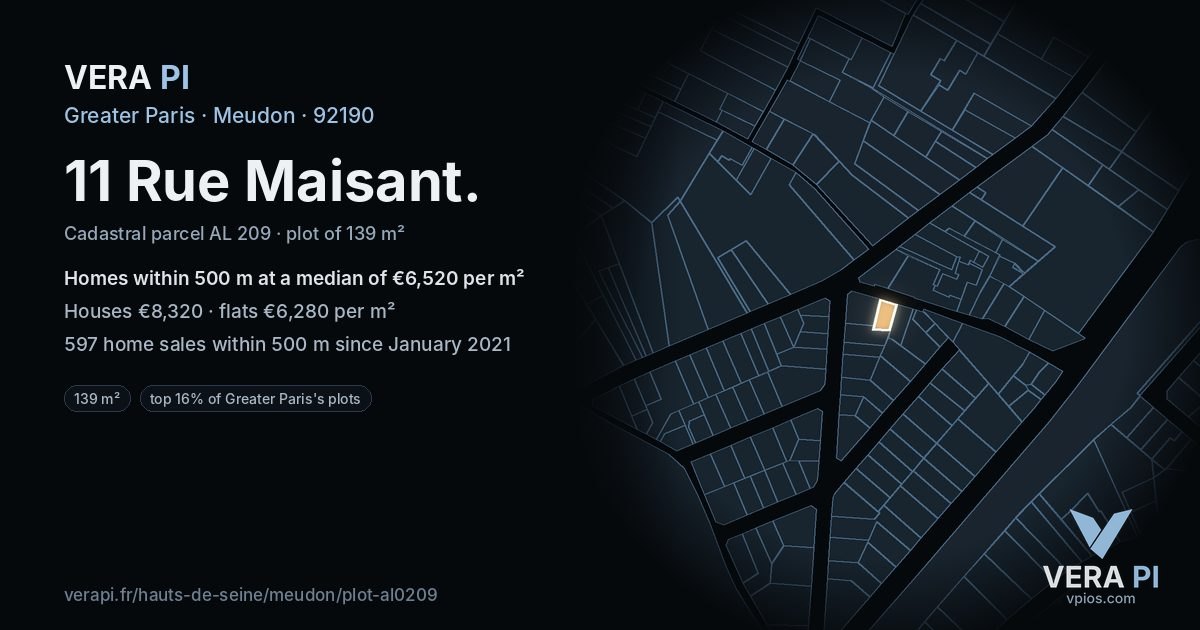 11 Rue Maisant, Meudon at night – the plot lit, the parcels around coloured by the prices near them