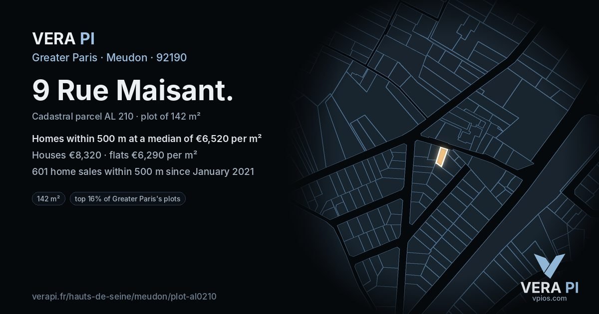 9 Rue Maisant, Meudon at night – the plot lit, the parcels around coloured by the prices near them