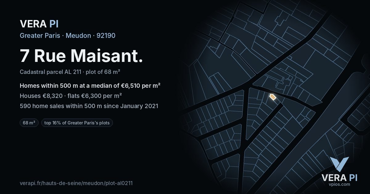 7 Rue Maisant, Meudon at night – the plot lit, the parcels around coloured by the prices near them