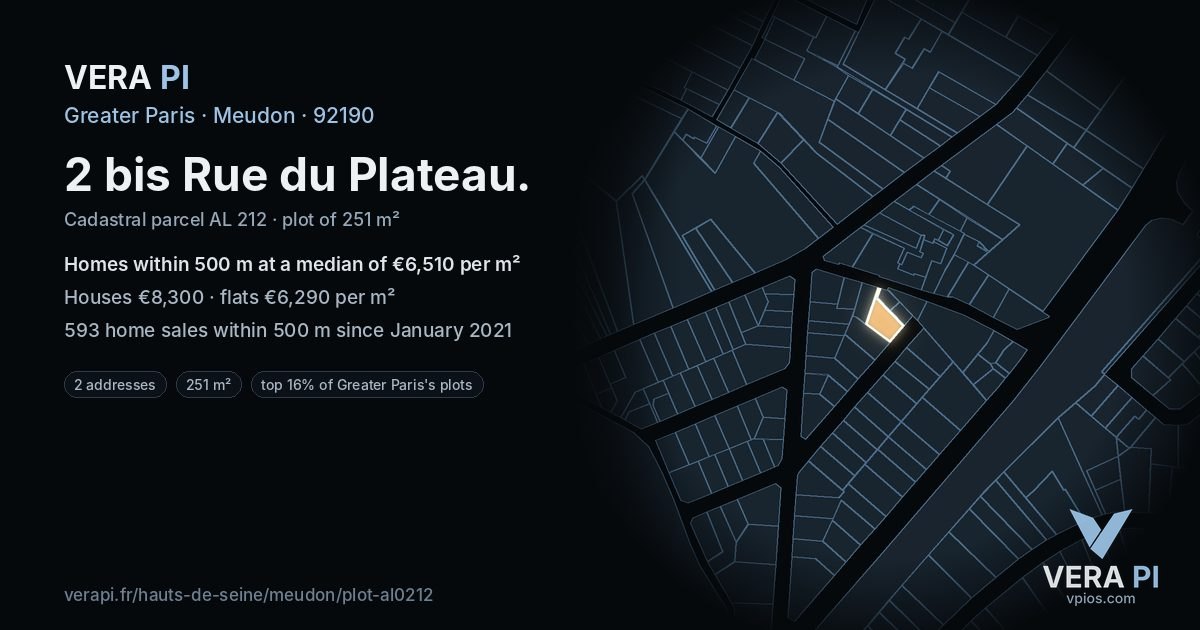 2 bis Rue du Plateau, Meudon at night – the plot lit, the parcels around coloured by the prices near them