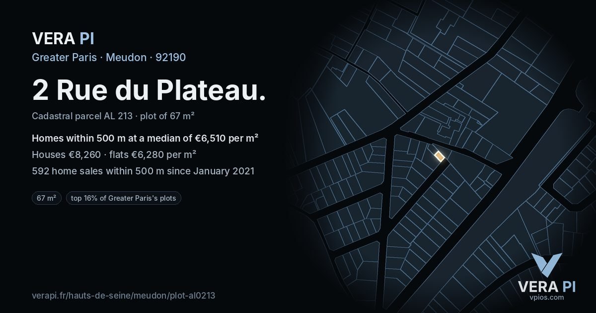 2 Rue du Plateau, Meudon at night – the plot lit, the parcels around coloured by the prices near them
