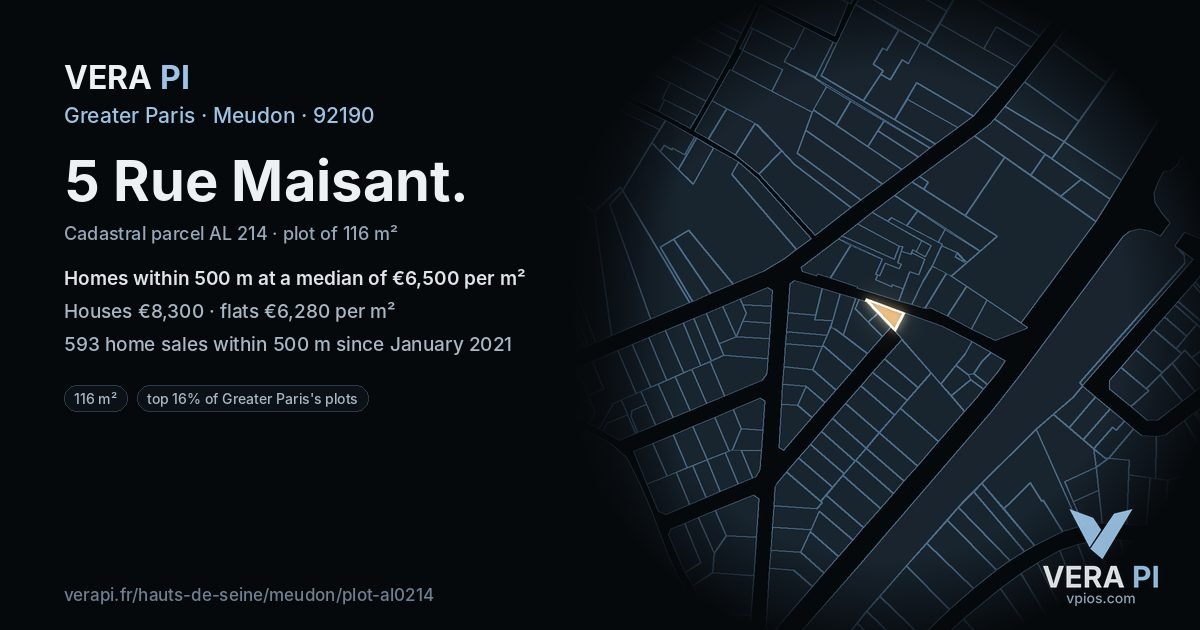 5 Rue Maisant, Meudon at night – the plot lit, the parcels around coloured by the prices near them