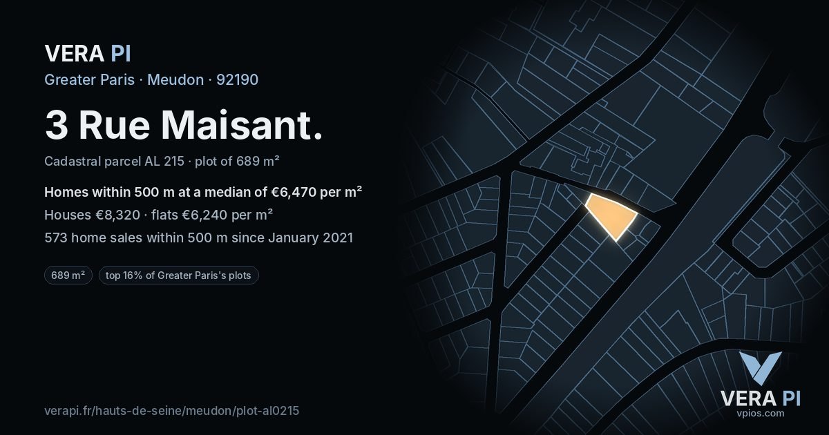 3 Rue Maisant, Meudon at night – the plot lit, the parcels around coloured by the prices near them