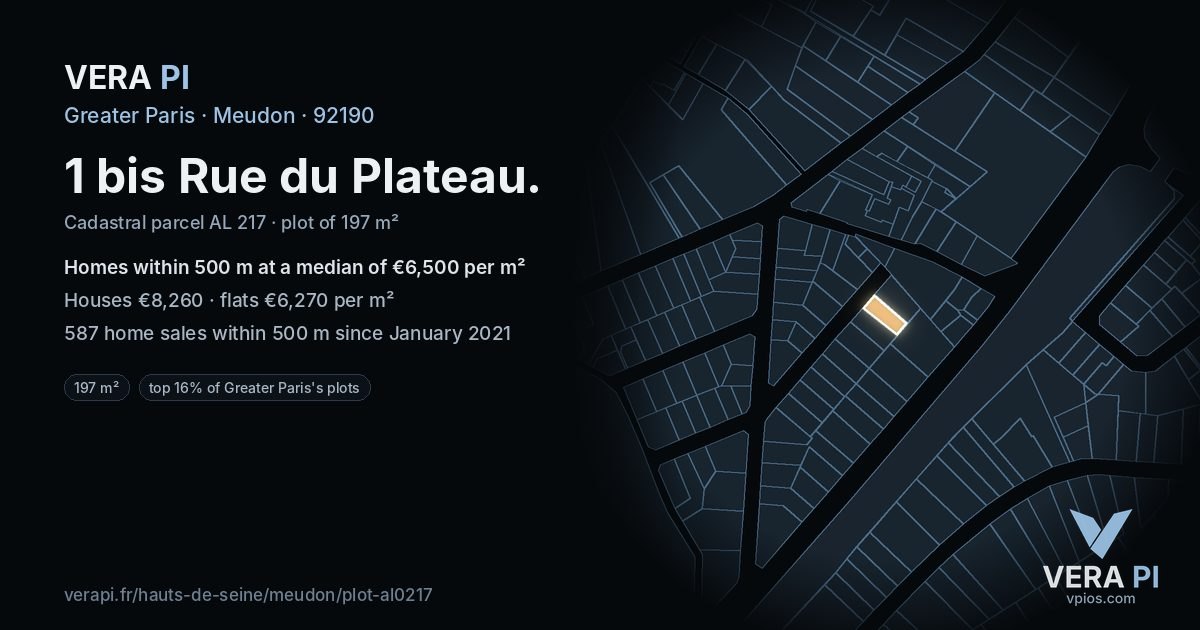 1 bis Rue du Plateau, Meudon at night – the plot lit, the parcels around coloured by the prices near them