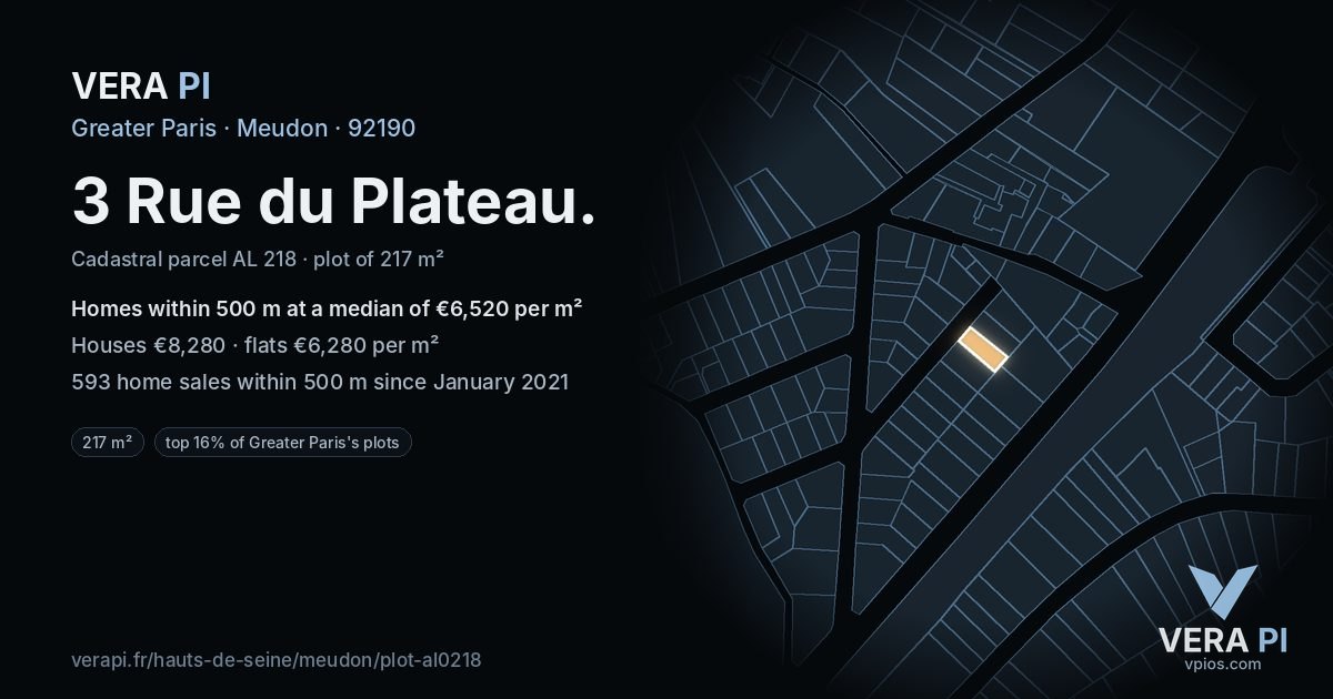 3 Rue du Plateau, Meudon at night – the plot lit, the parcels around coloured by the prices near them