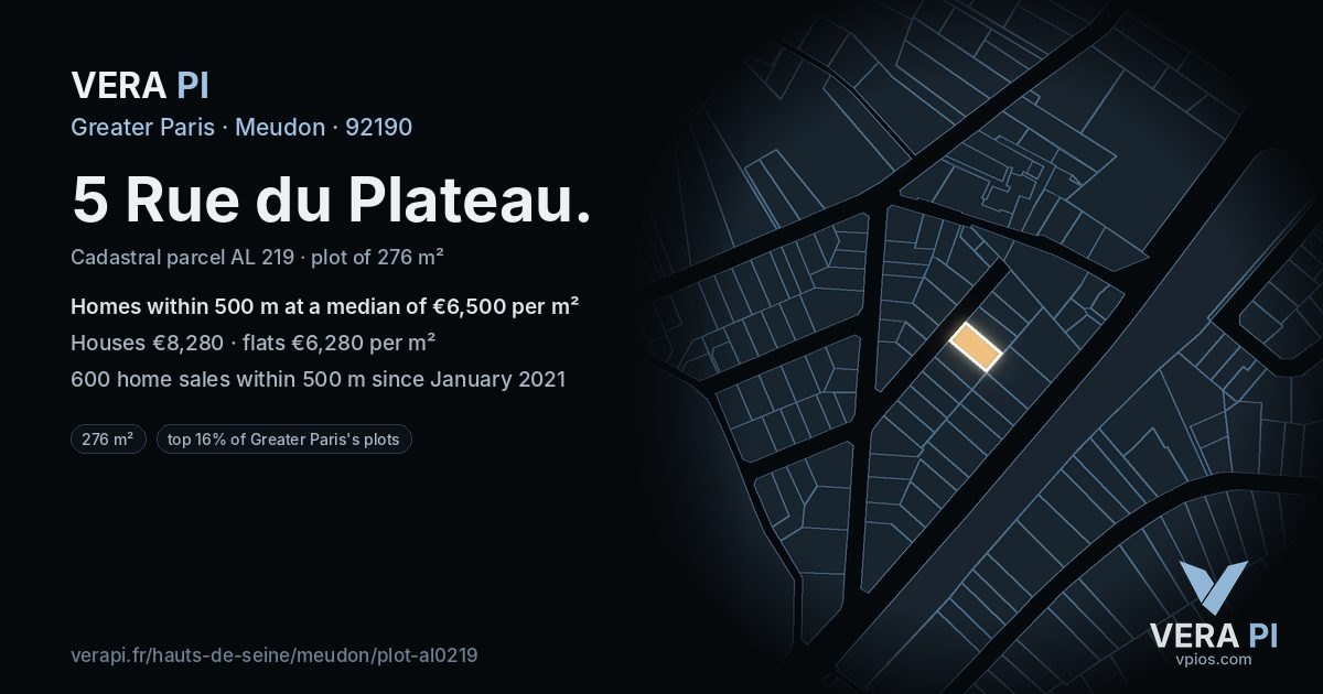 5 Rue du Plateau, Meudon at night – the plot lit, the parcels around coloured by the prices near them