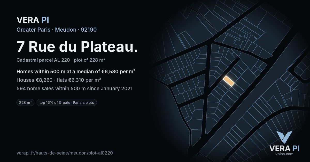 7 Rue du Plateau, Meudon at night – the plot lit, the parcels around coloured by the prices near them
