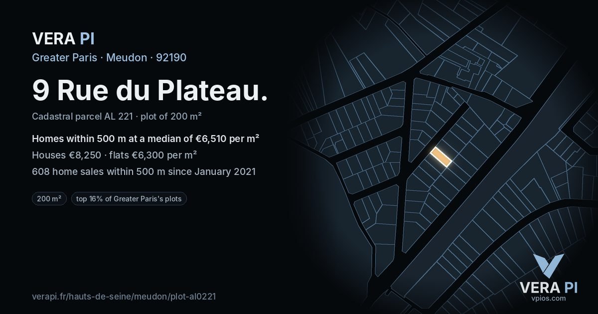 9 Rue du Plateau, Meudon at night – the plot lit, the parcels around coloured by the prices near them