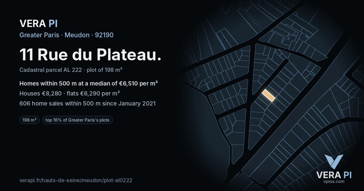 11 Rue du Plateau, Meudon at night – the plot lit, the parcels around coloured by the prices near them