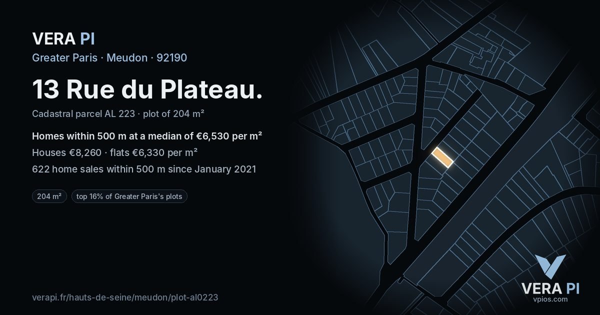 13 Rue du Plateau, Meudon at night – the plot lit, the parcels around coloured by the prices near them