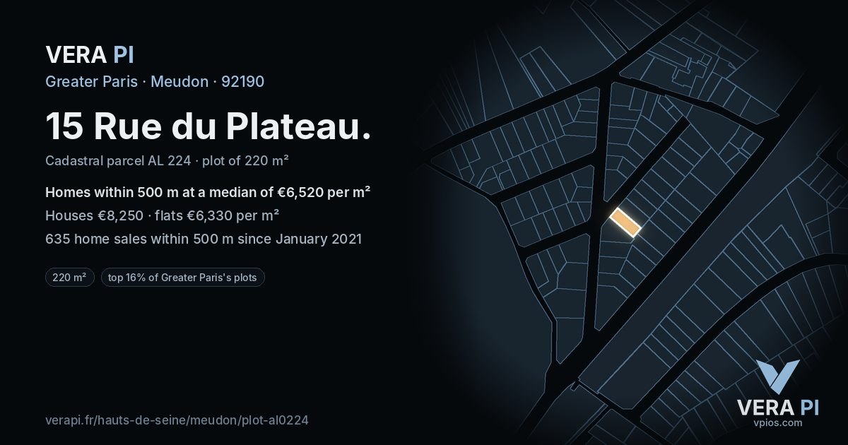15 Rue du Plateau, Meudon at night – the plot lit, the parcels around coloured by the prices near them