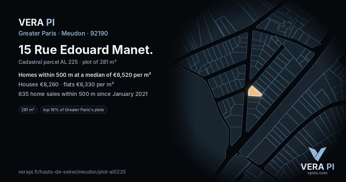 15 Rue Edouard Manet, Meudon at night – the plot lit, the parcels around coloured by the prices near them