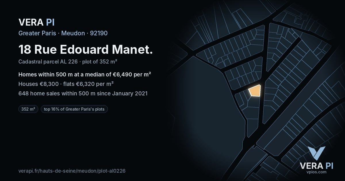 18 Rue Edouard Manet, Meudon at night – the plot lit, the parcels around coloured by the prices near them