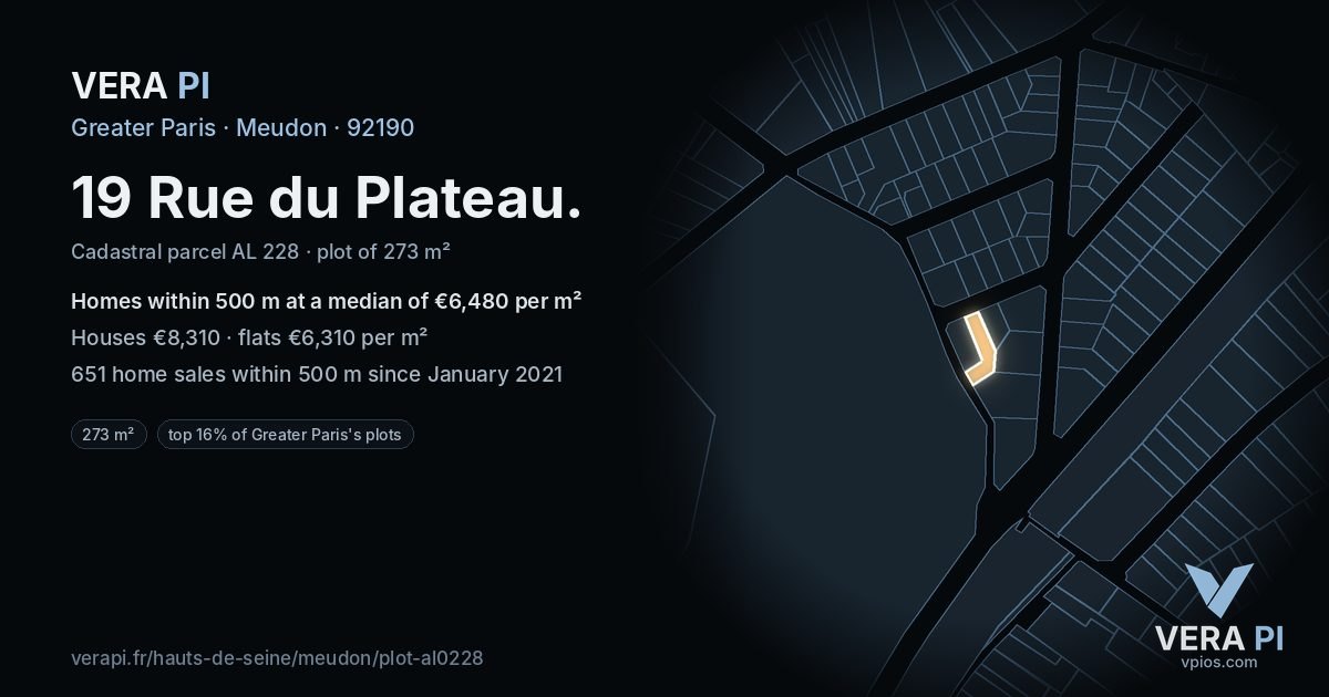 19 Rue du Plateau, Meudon at night – the plot lit, the parcels around coloured by the prices near them