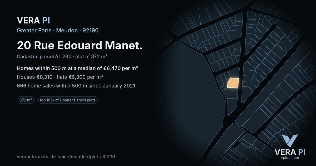 20 Rue Edouard Manet, Meudon at night – the plot lit, the parcels around coloured by the prices near them