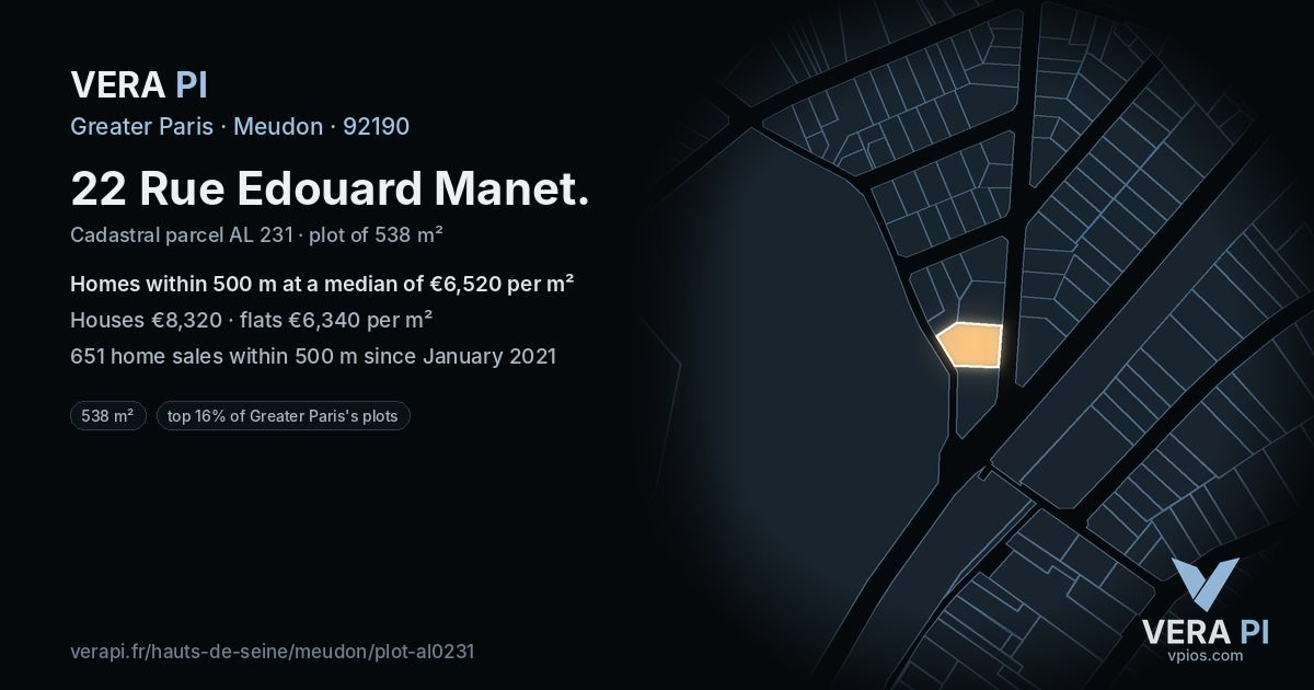 22 Rue Edouard Manet, Meudon at night – the plot lit, the parcels around coloured by the prices near them