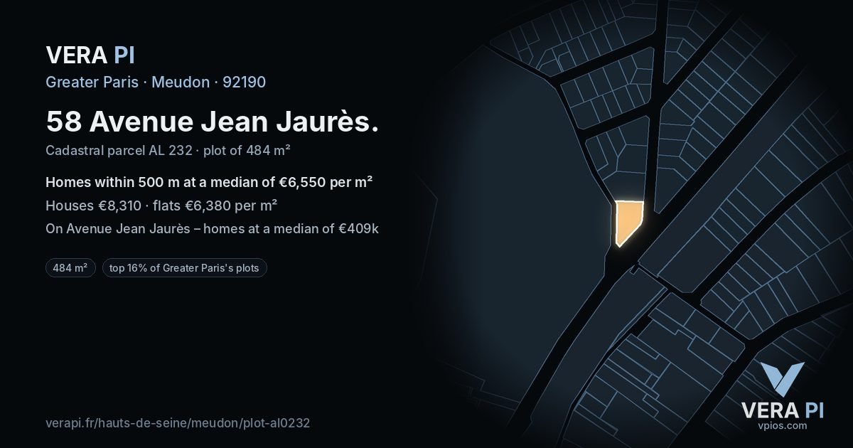 58 Avenue Jean Jaurès, Meudon at night – the plot lit, the parcels around coloured by the prices near them