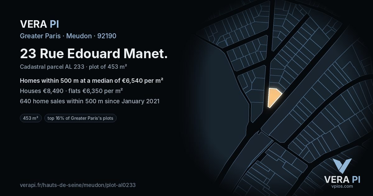 23 Rue Edouard Manet, Meudon at night – the plot lit, the parcels around coloured by the prices near them