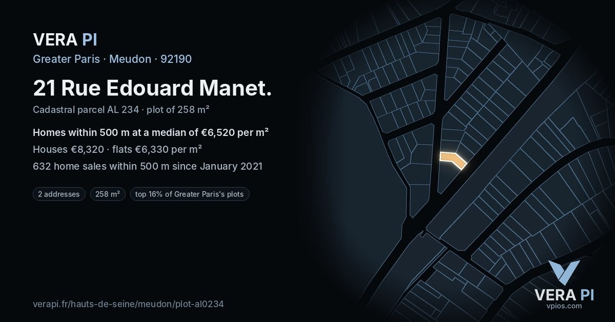 21 Rue Edouard Manet, Meudon at night – the plot lit, the parcels around coloured by the prices near them