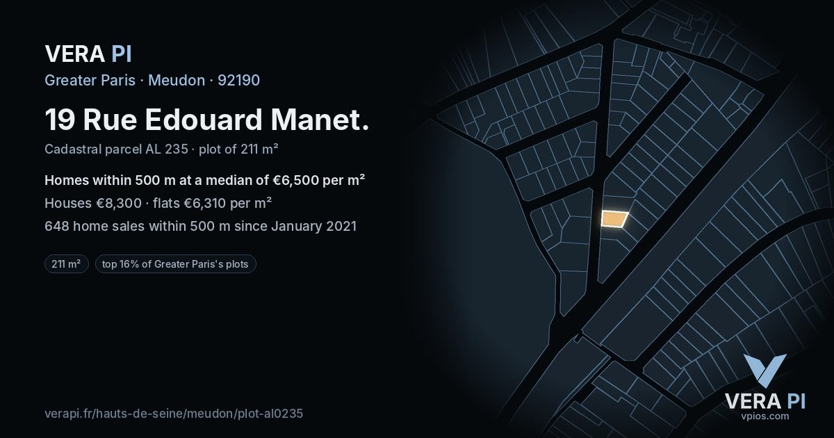 19 Rue Edouard Manet, Meudon at night – the plot lit, the parcels around coloured by the prices near them