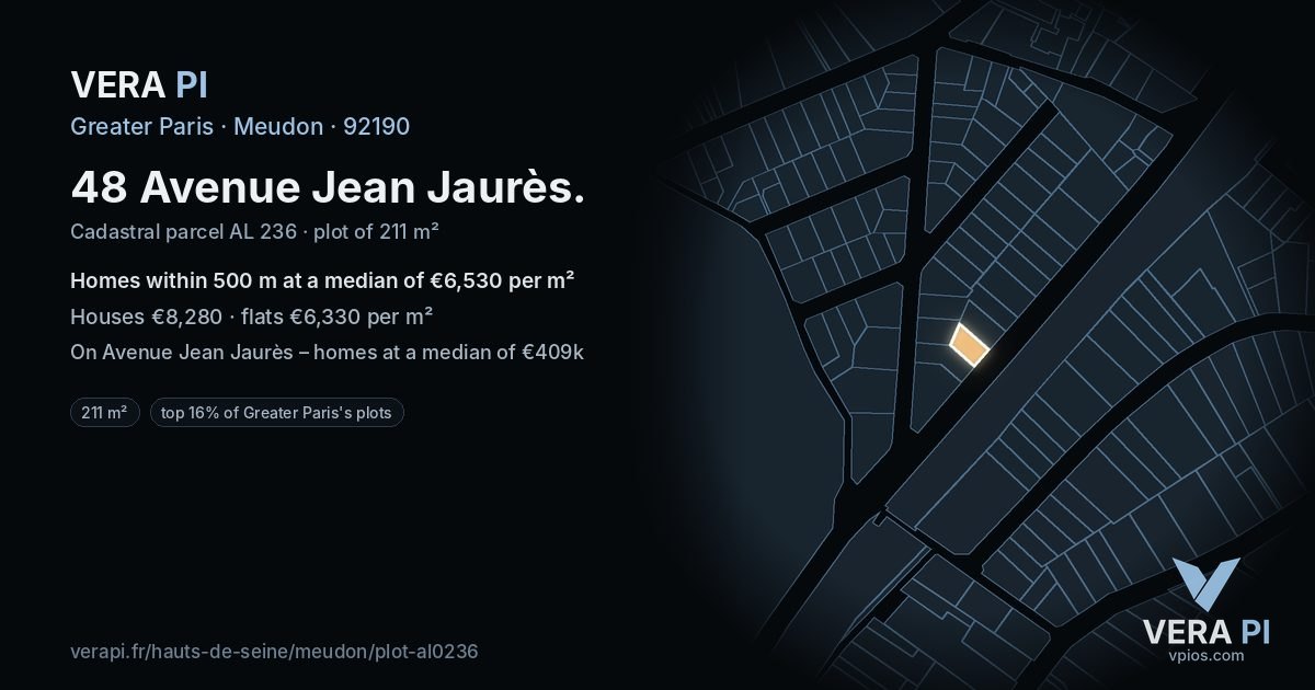 48 Avenue Jean Jaurès, Meudon at night – the plot lit, the parcels around coloured by the prices near them