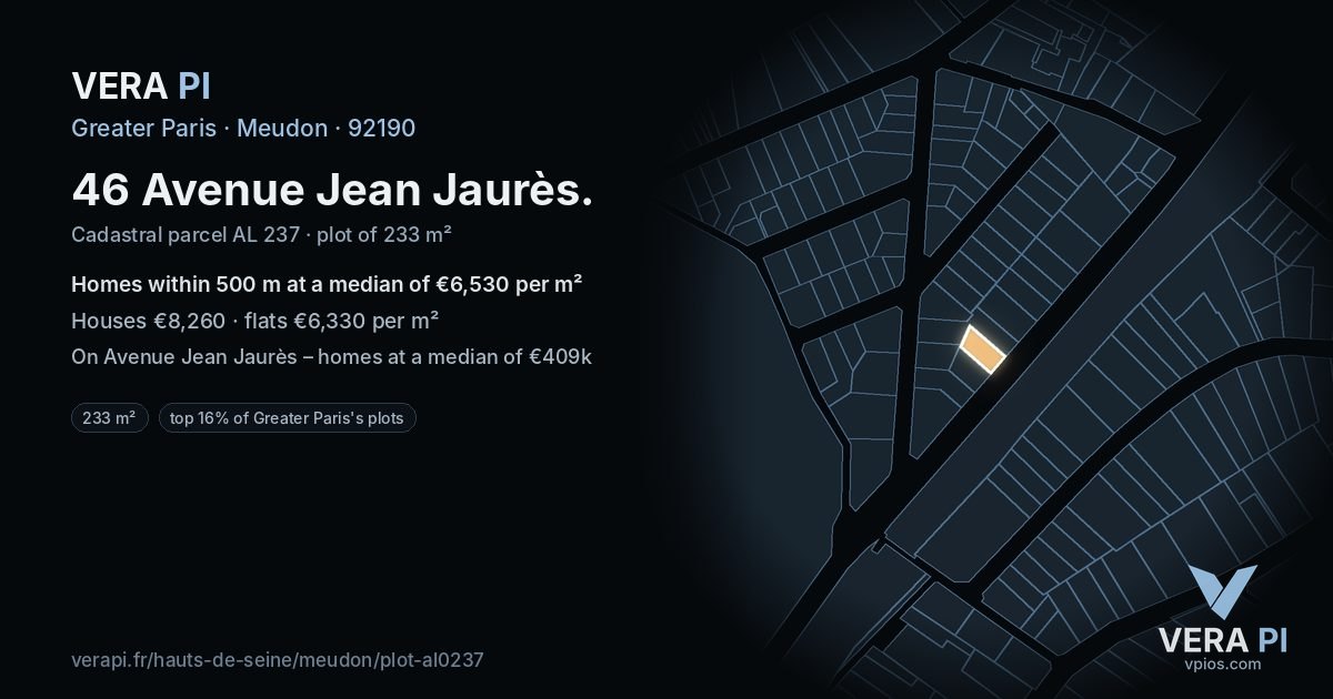 46 Avenue Jean Jaurès, Meudon at night – the plot lit, the parcels around coloured by the prices near them