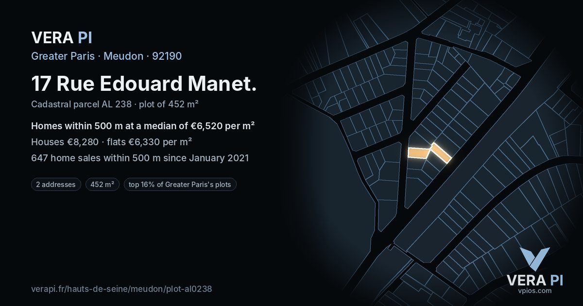17 Rue Edouard Manet, Meudon at night – the plot lit, the parcels around coloured by the prices near them