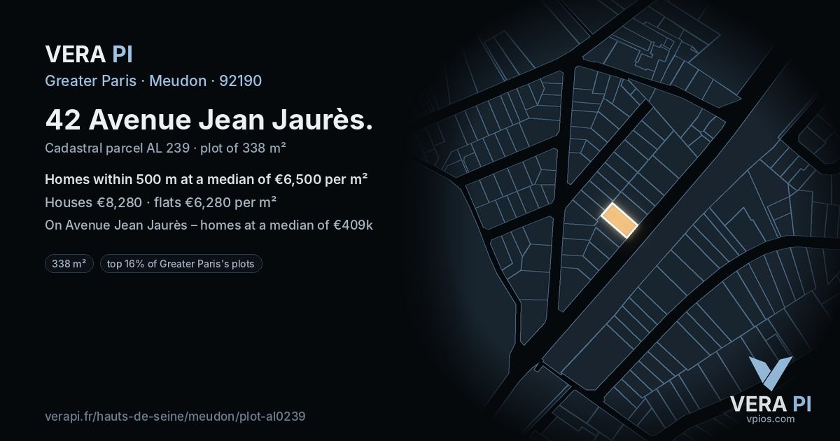 42 Avenue Jean Jaurès, Meudon at night – the plot lit, the parcels around coloured by the prices near them