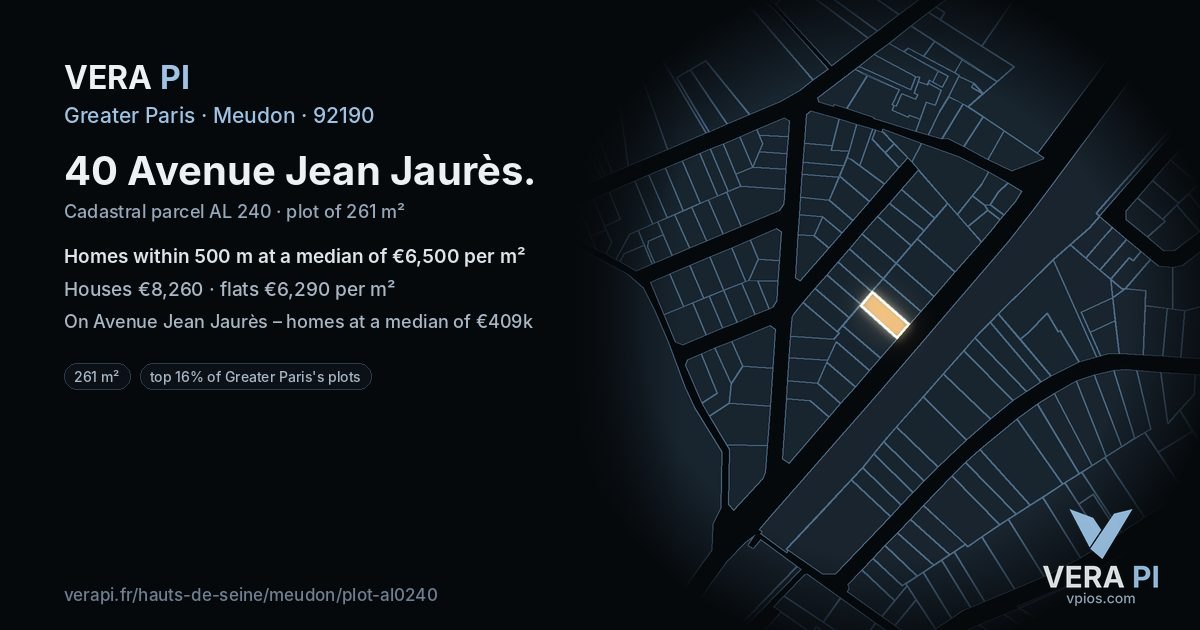 40 Avenue Jean Jaurès, Meudon at night – the plot lit, the parcels around coloured by the prices near them