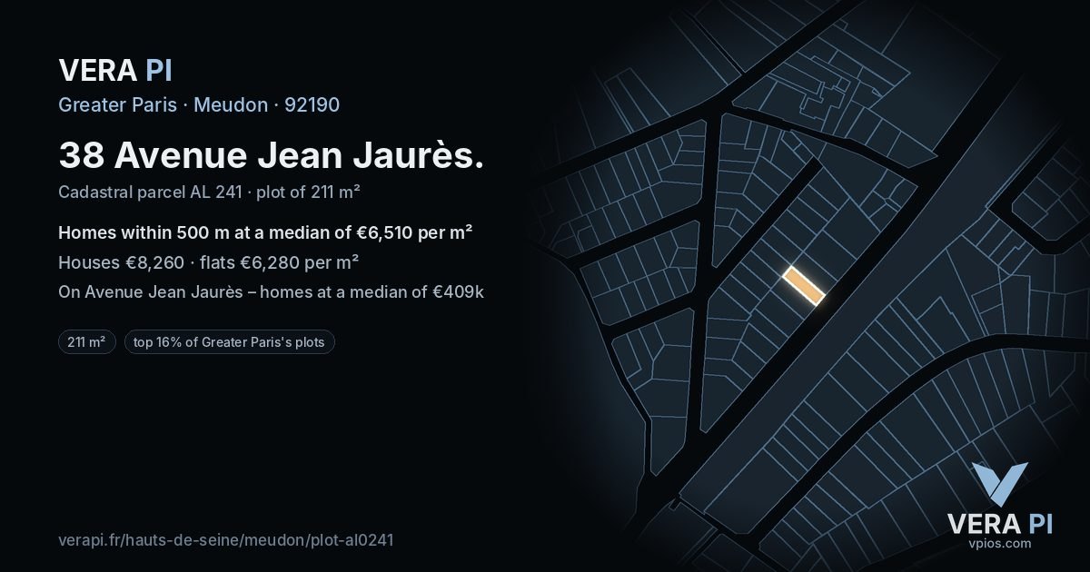 38 Avenue Jean Jaurès, Meudon at night – the plot lit, the parcels around coloured by the prices near them
