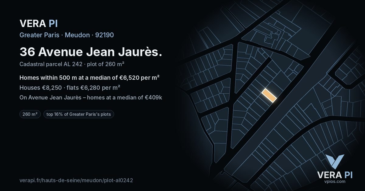 36 Avenue Jean Jaurès, Meudon at night – the plot lit, the parcels around coloured by the prices near them