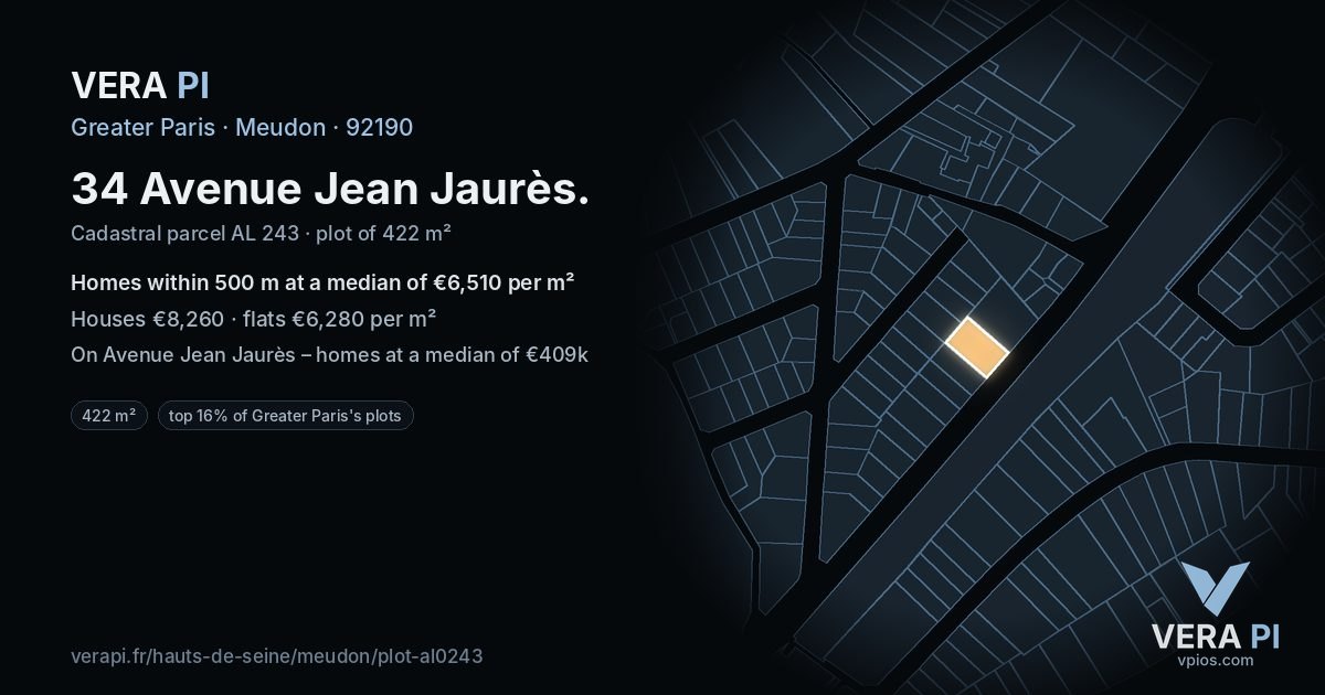 34 Avenue Jean Jaurès, Meudon at night – the plot lit, the parcels around coloured by the prices near them