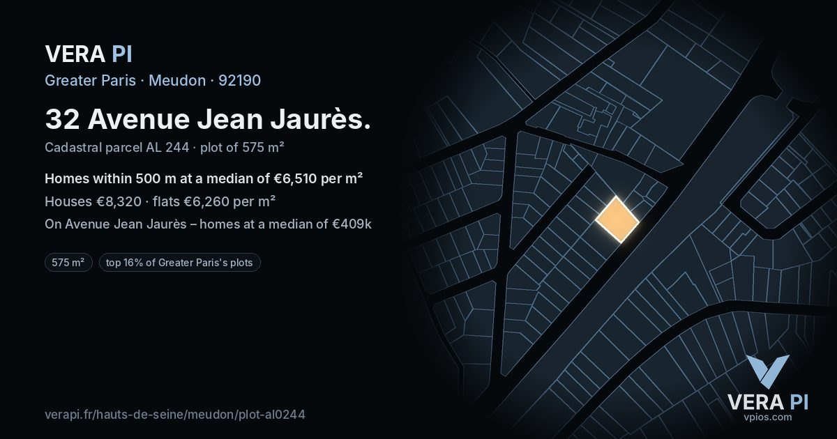 32 Avenue Jean Jaurès, Meudon at night – the plot lit, the parcels around coloured by the prices near them