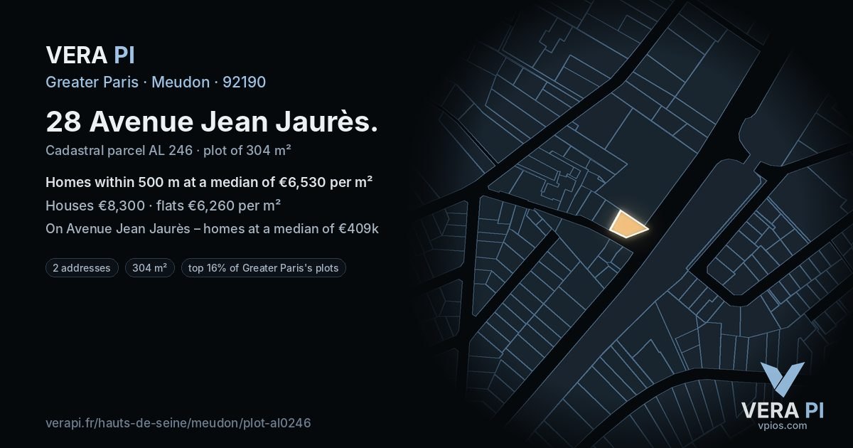 28 Avenue Jean Jaurès, Meudon at night – the plot lit, the parcels around coloured by the prices near them