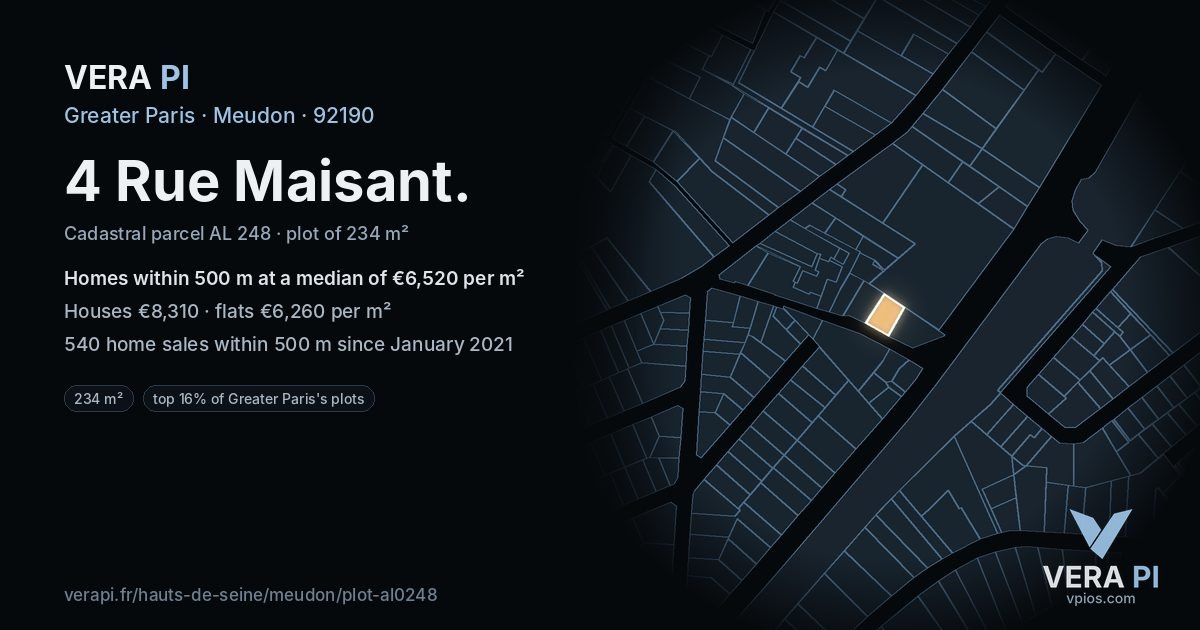 4 Rue Maisant, Meudon at night – the plot lit, the parcels around coloured by the prices near them