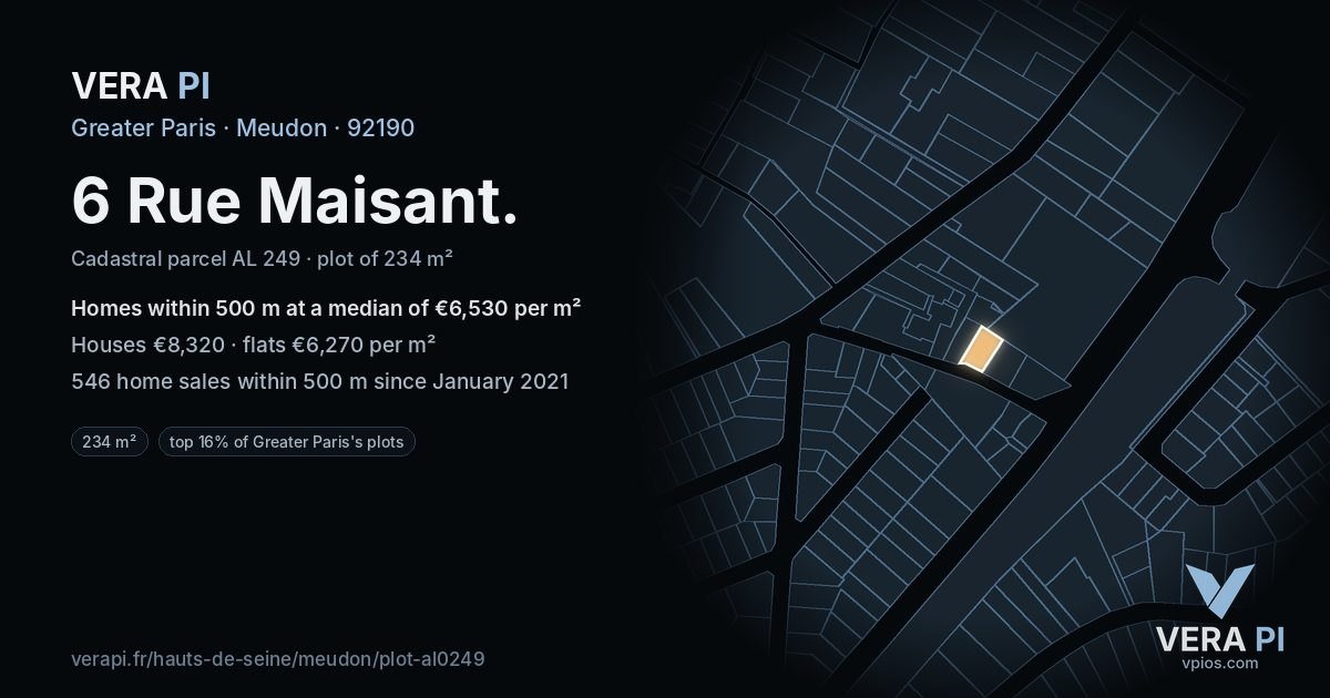 6 Rue Maisant, Meudon at night – the plot lit, the parcels around coloured by the prices near them
