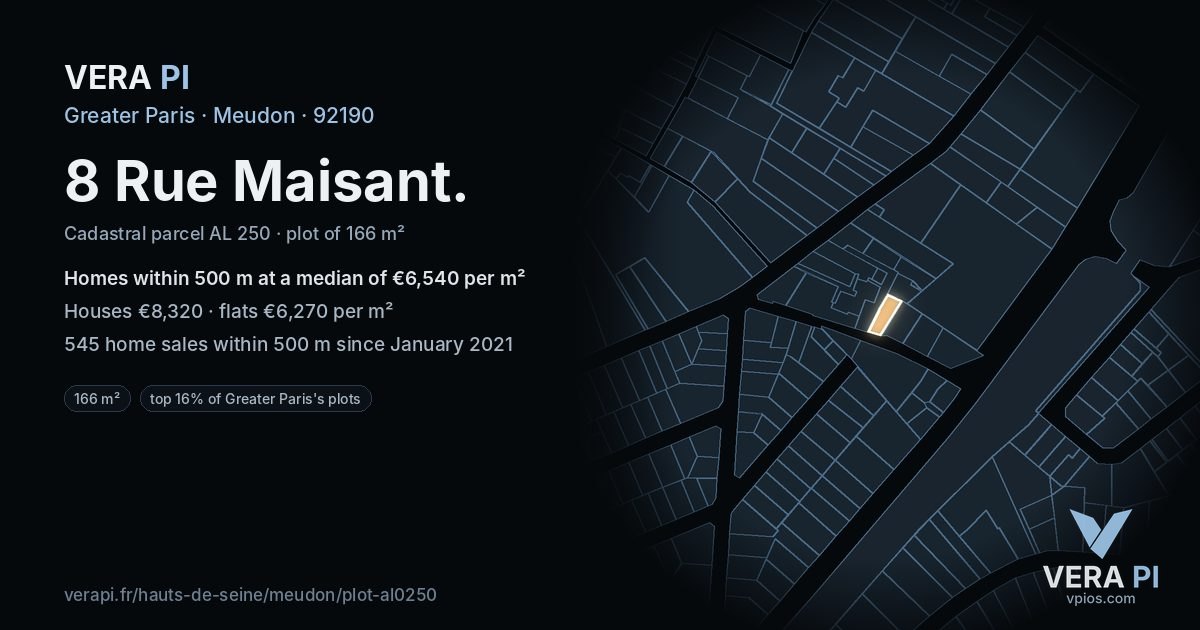 8 Rue Maisant, Meudon at night – the plot lit, the parcels around coloured by the prices near them