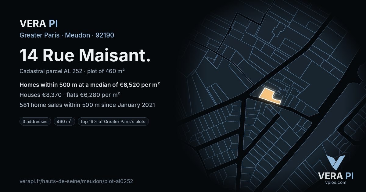 14 Rue Maisant, Meudon at night – the plot lit, the parcels around coloured by the prices near them