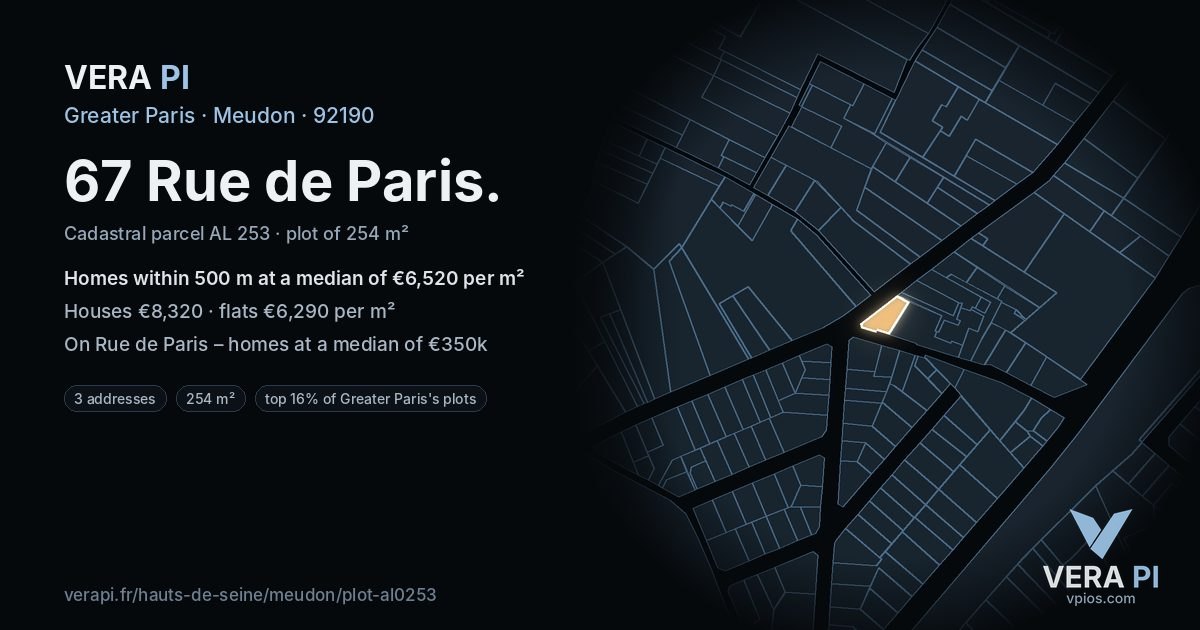 67 Rue de Paris, Meudon at night – the plot lit, the parcels around coloured by the prices near them