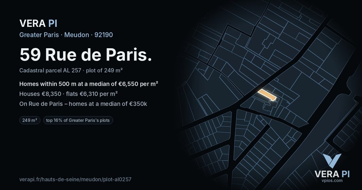 59 Rue de Paris, Meudon at night – the plot lit, the parcels around coloured by the prices near them