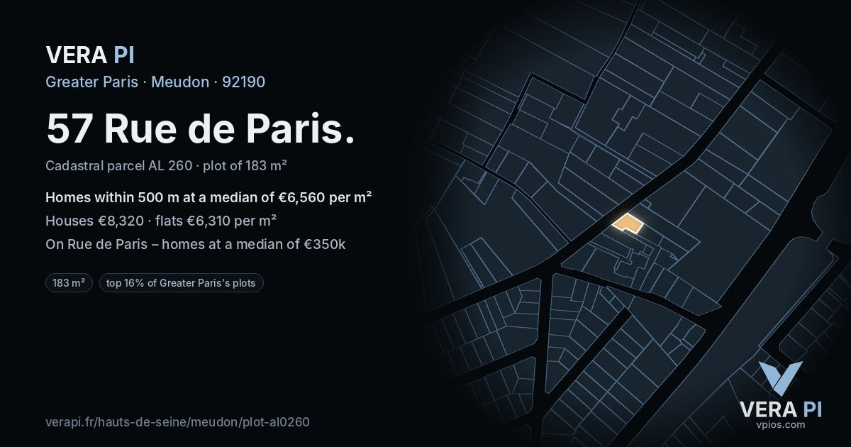 57 Rue de Paris, Meudon at night – the plot lit, the parcels around coloured by the prices near them