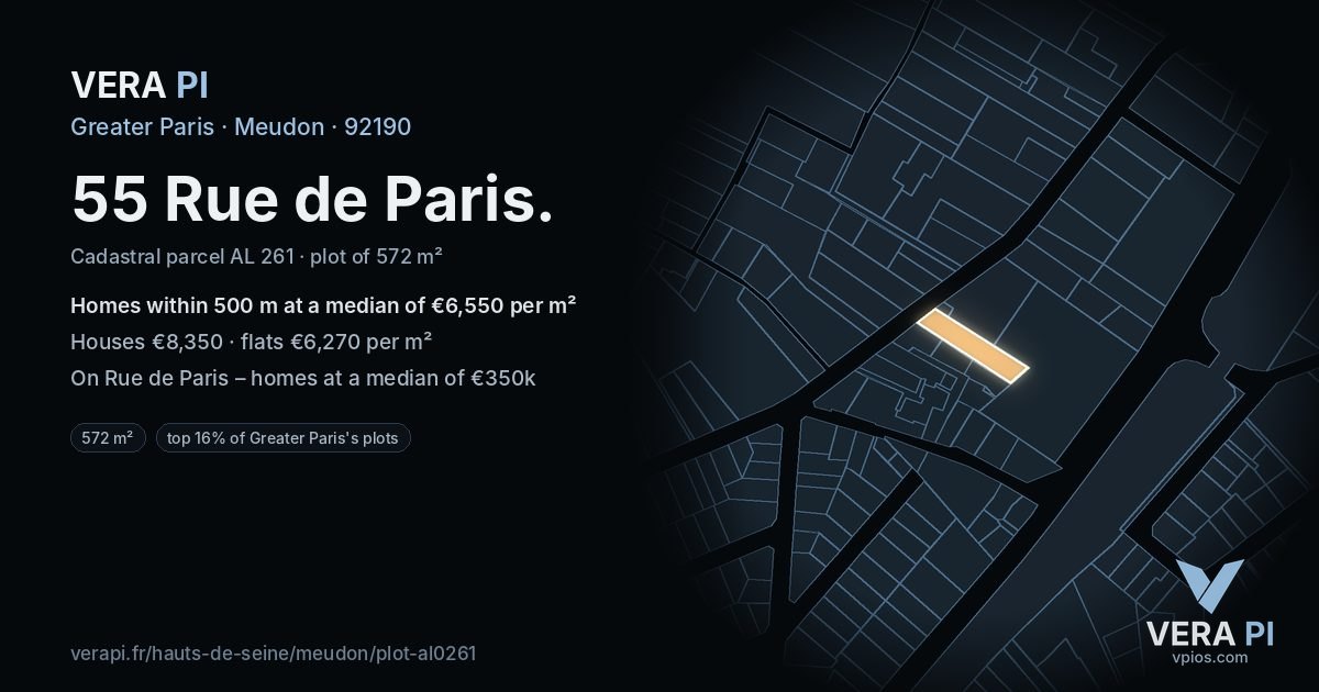 55 Rue de Paris, Meudon at night – the plot lit, the parcels around coloured by the prices near them